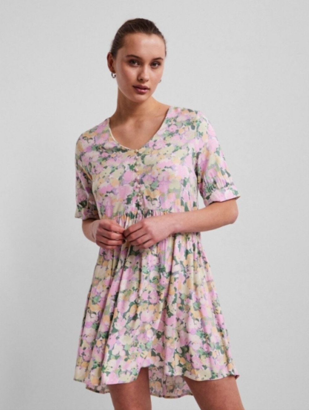 PIECES Floral Pastel V-Neck Mini Dress in Pink